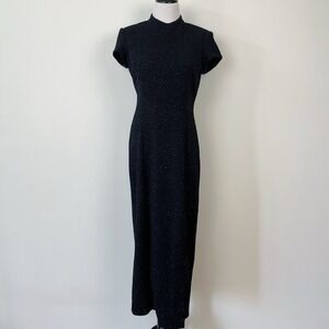 VTG Black Glitter Column Gown Dress Formal Wedding Prom Slit Sz 10 Hourglass